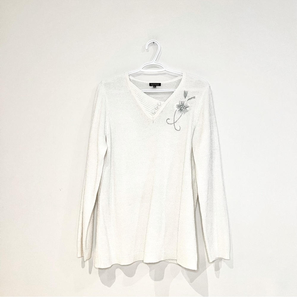 Emotions long sleeve blouse in white with a blue embroidered flower. large size.